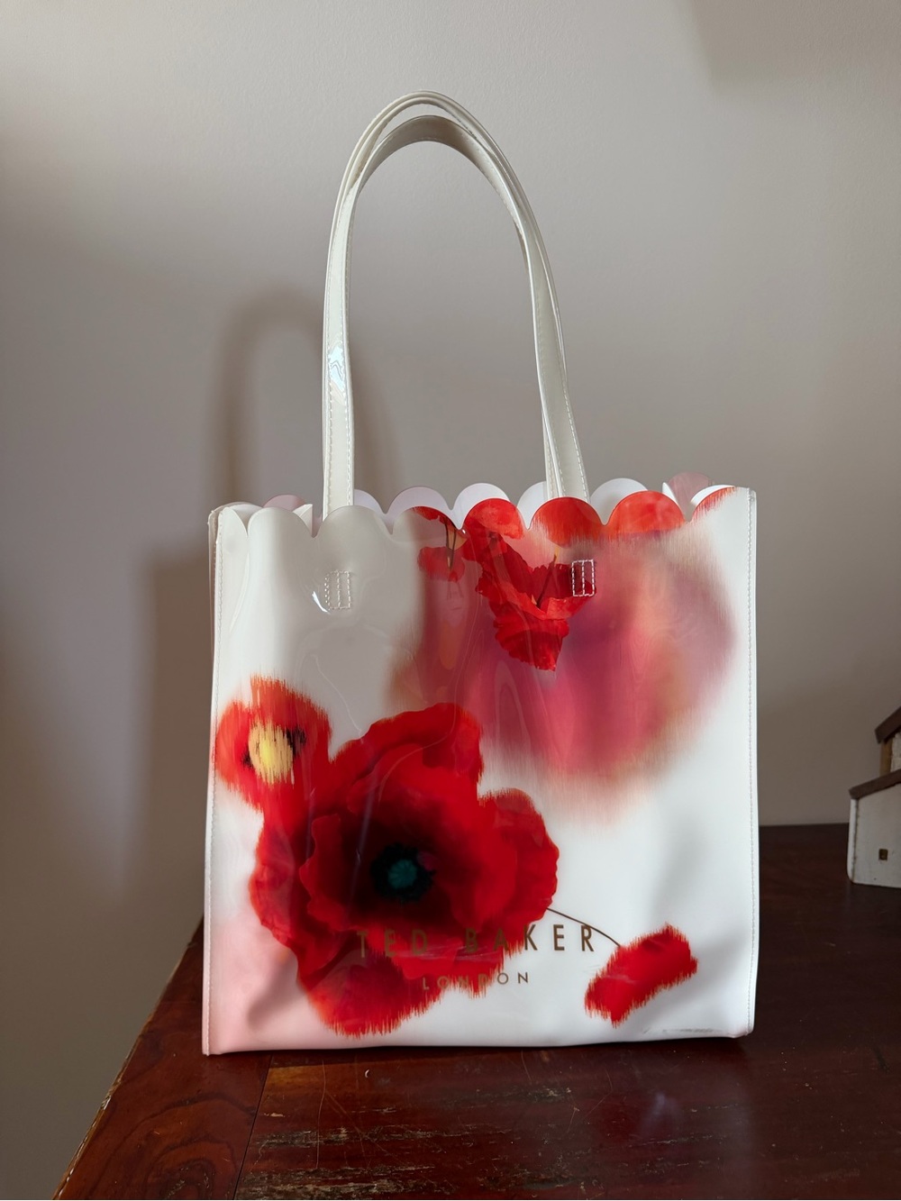 Ted Baker Large White Tote with Red Poppy Watercolor Print Scalloped Edges